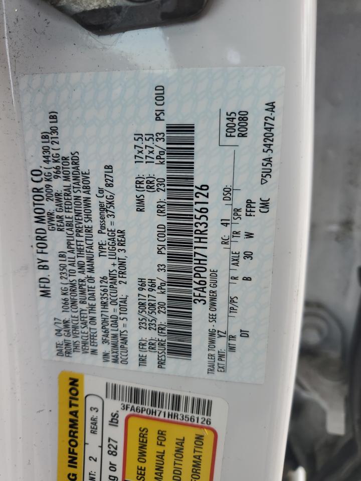 2017 Ford Fusion VIN 3FA6P0H71HR356126 Copart auction photo, rear end damage thumbnail 13