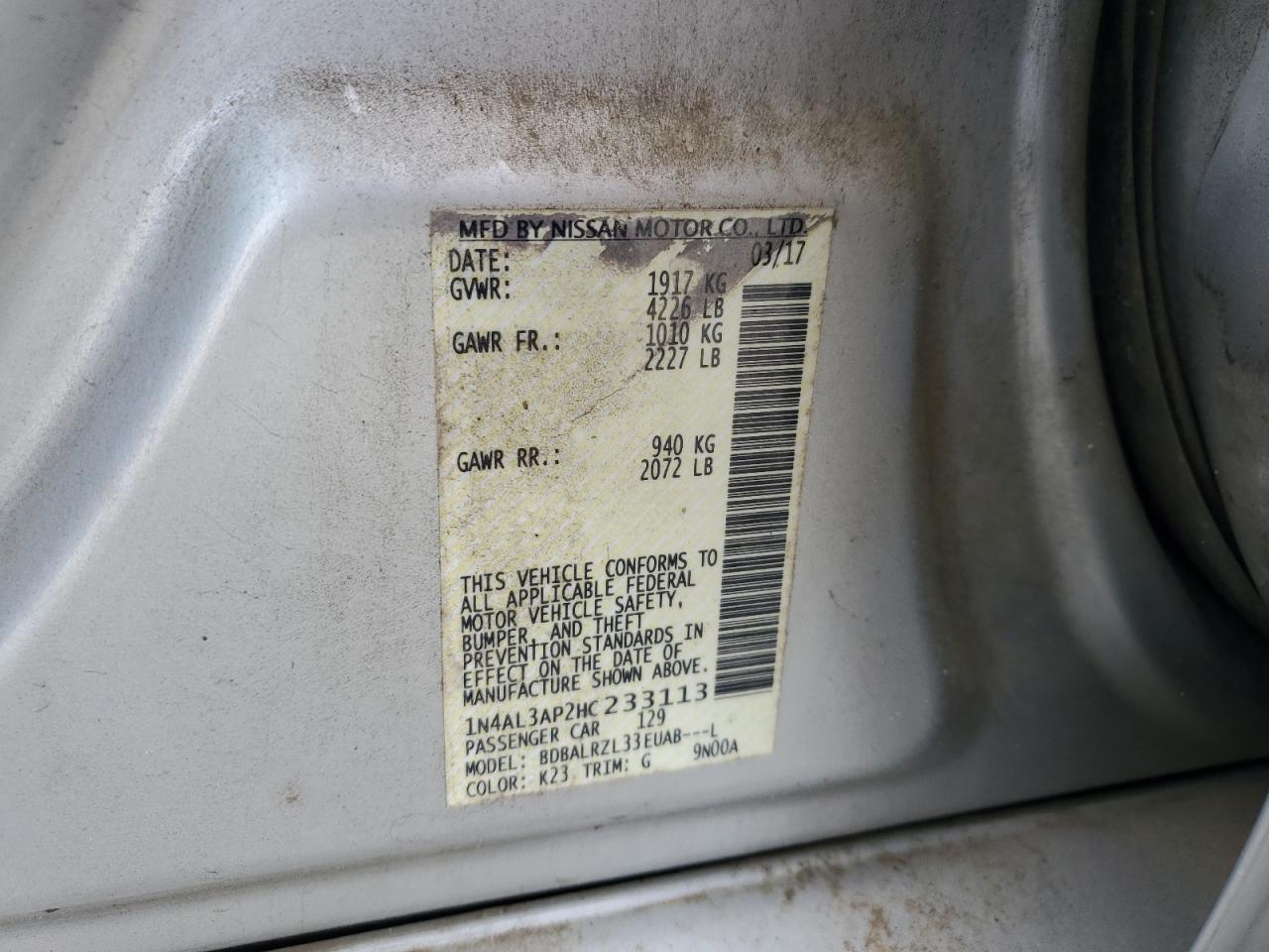 2017 Nissan Altima VIN 1N4AL3AP2HC233113 Copart auction photo, rear end damage thumbnail 13