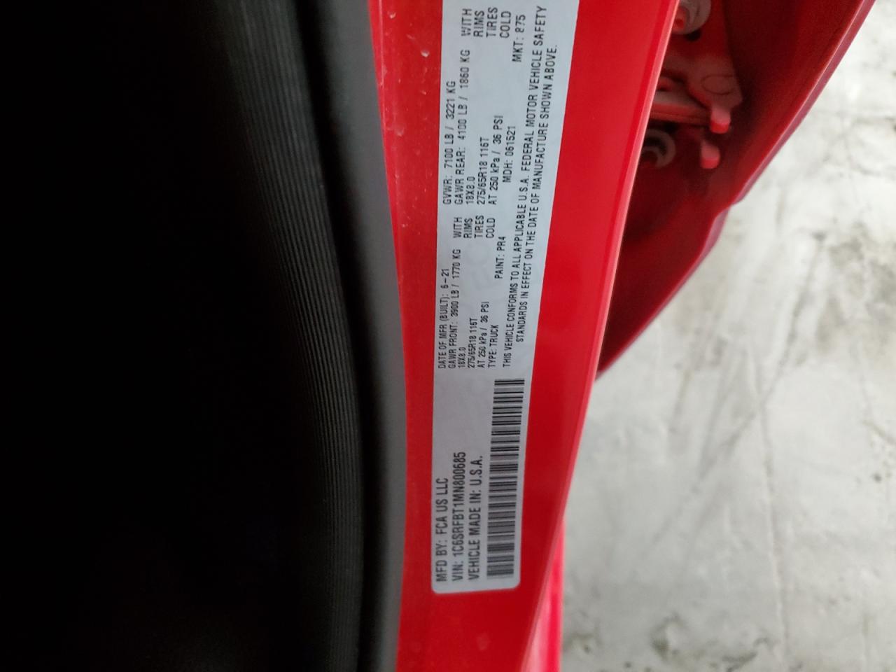 2021 RAM 1500 VIN 1C6SRFBT1MN800685 Copart auction photo, front end / side damage thumbnail 12