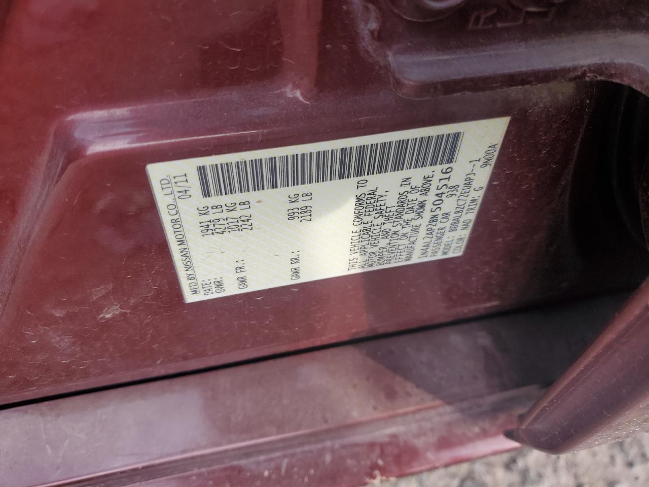 2011 Nissan Altima VIN 1N4AL2AP2BN504516 Copart auction photo, rear end / front end damage thumbnail 12