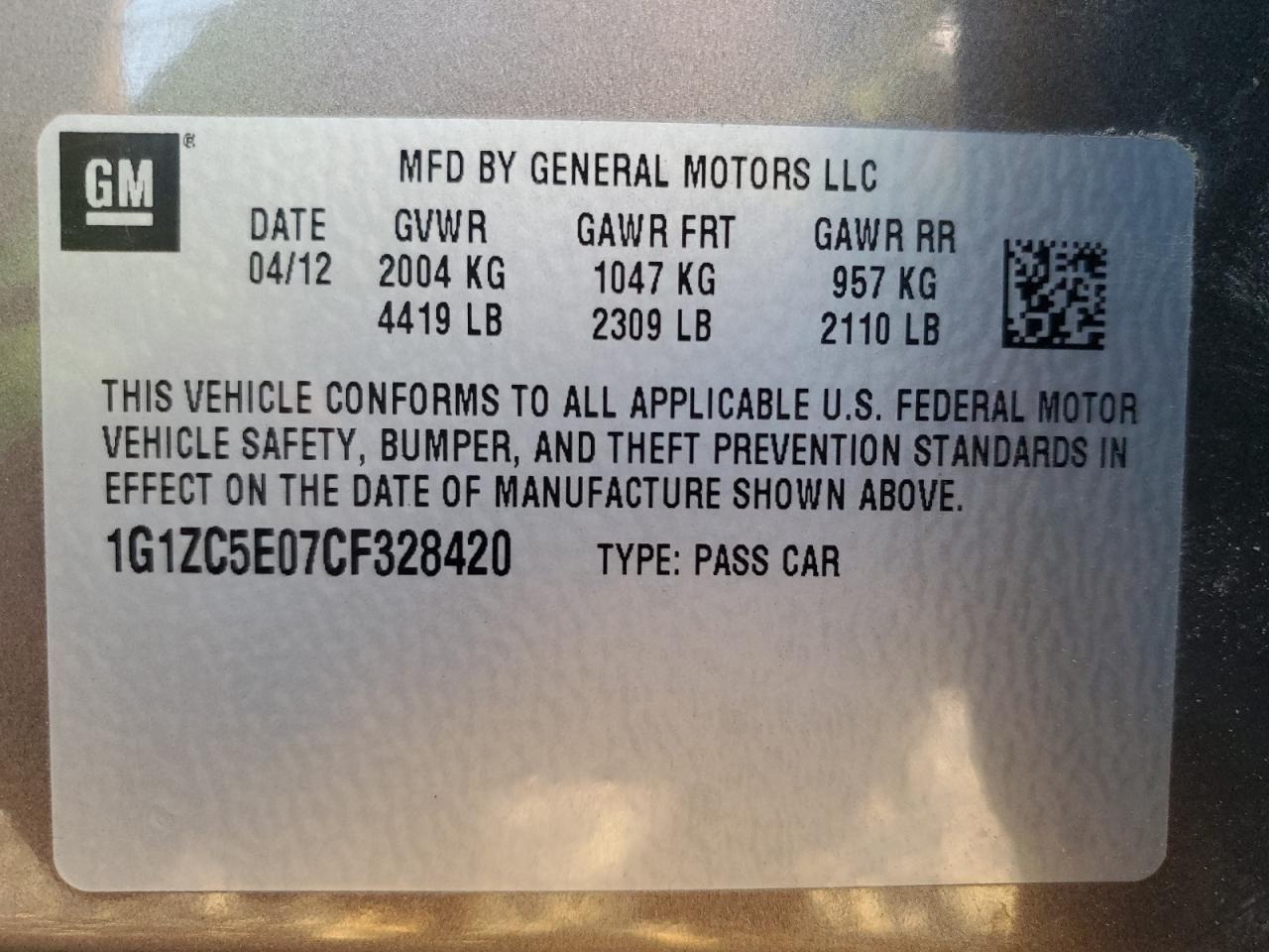 2012 Chevrolet Malibu VIN 1G1ZC5E07CF328420 Copart auction photo, front end / rear end damage thumbnail 12