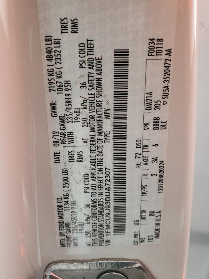 2013 Ford Escape VIN 1FMCU9J93DUA72307 Copart auction photo, mechanical / side damage thumbnail 13