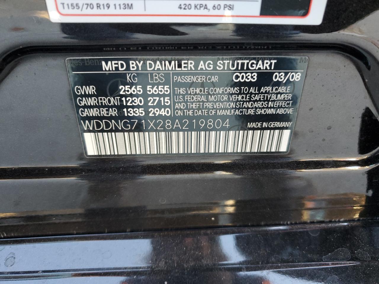 2008 Mercedes-Benz S-klasse VIN WDDNG71X28A219804 Copart auction photo, front end damage thumbnail 14