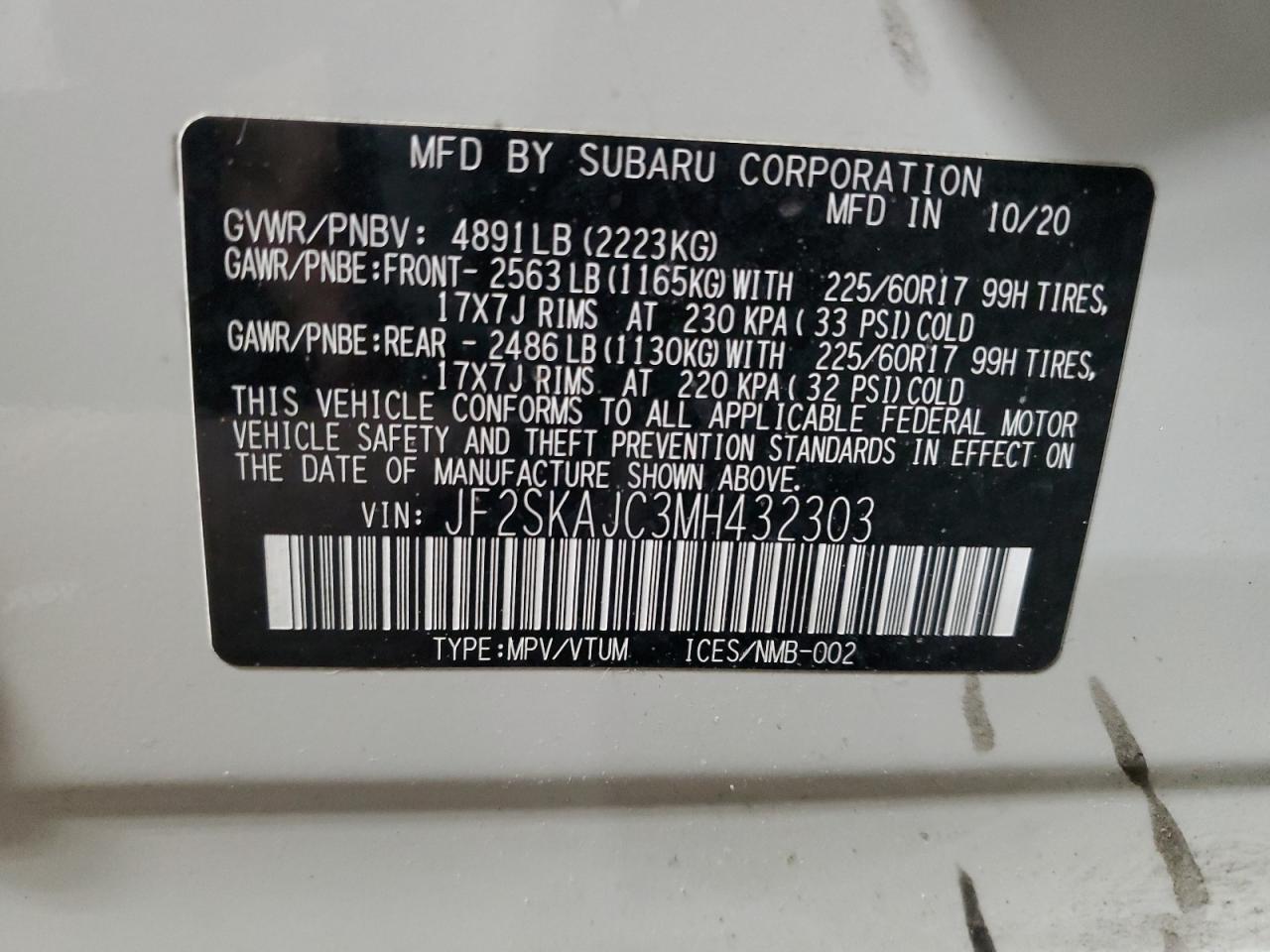 2021 Subaru Forester VIN JF2SKAJC3MH432303 Copart auction photo, rear end / side damage thumbnail 13