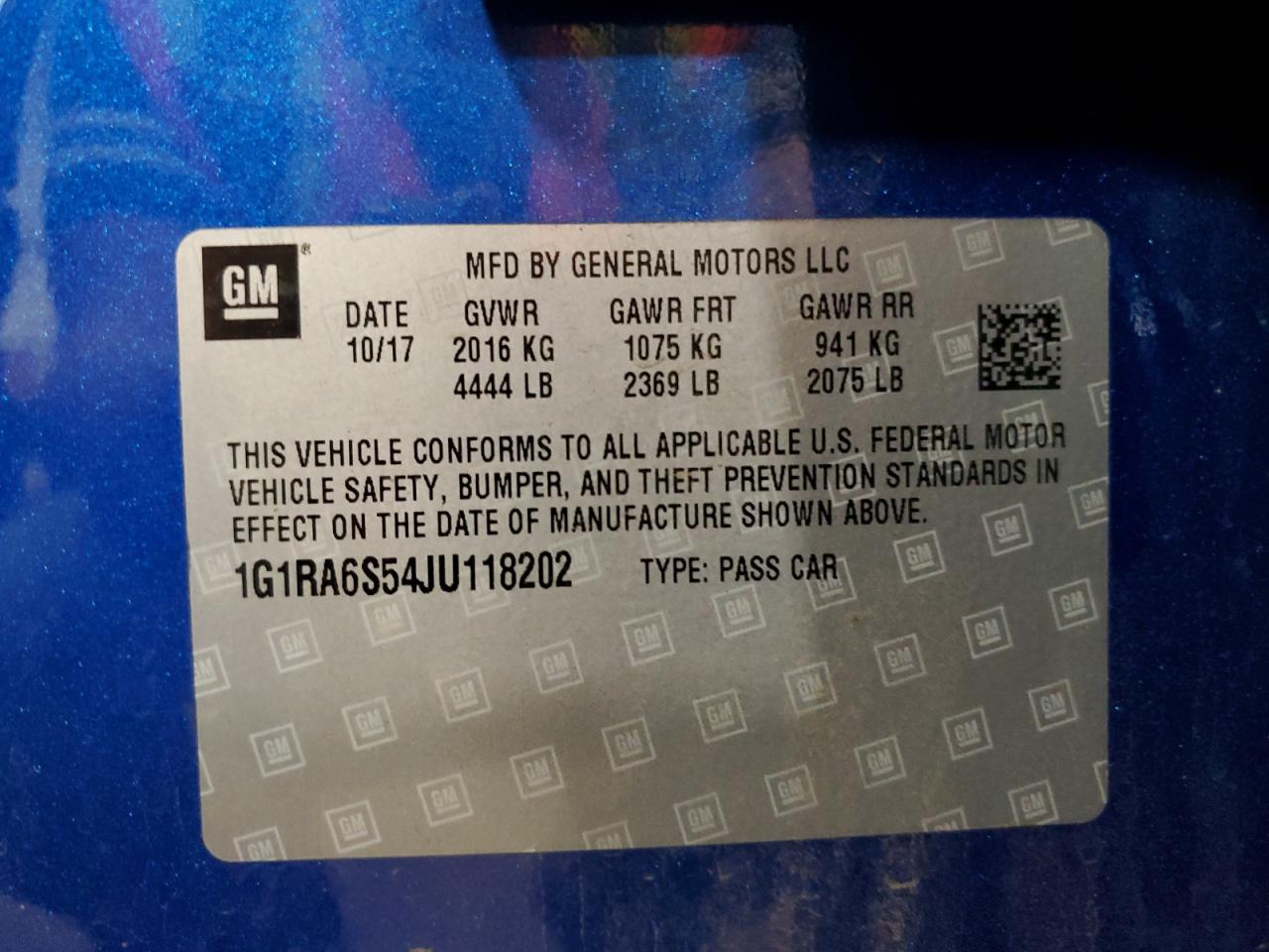 2018 Chevrolet Volt VIN 1G1RA6S54JU118202 Copart auction photo, side / front end damage thumbnail 14