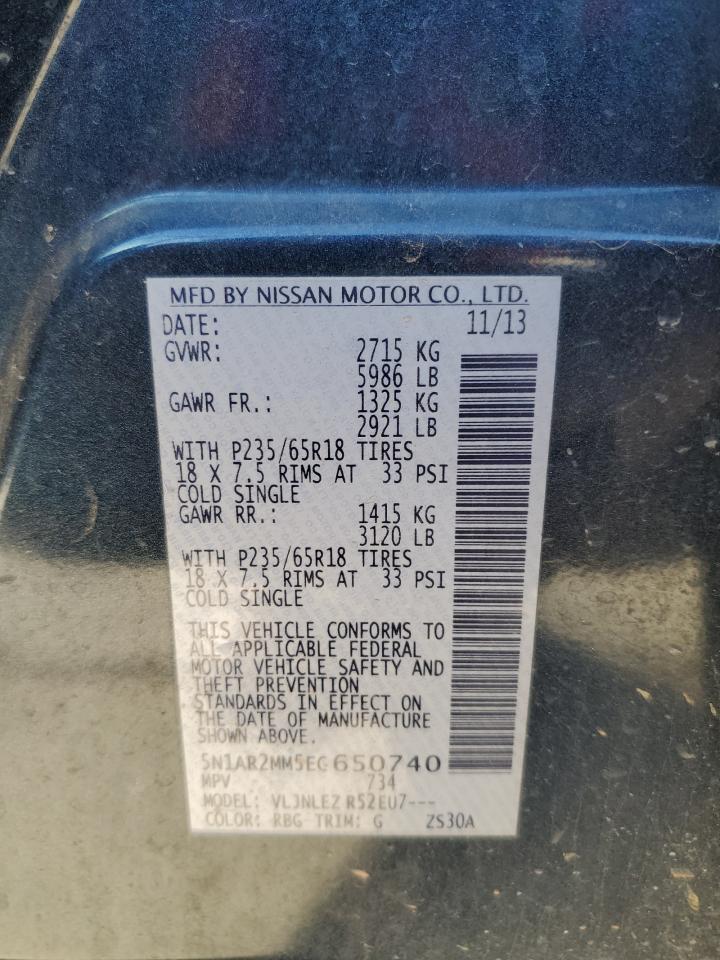 2014 Nissan Pathfinder VIN 5N1AR2MM5EC650740 Copart auction photo, rear end / side damage thumbnail 13