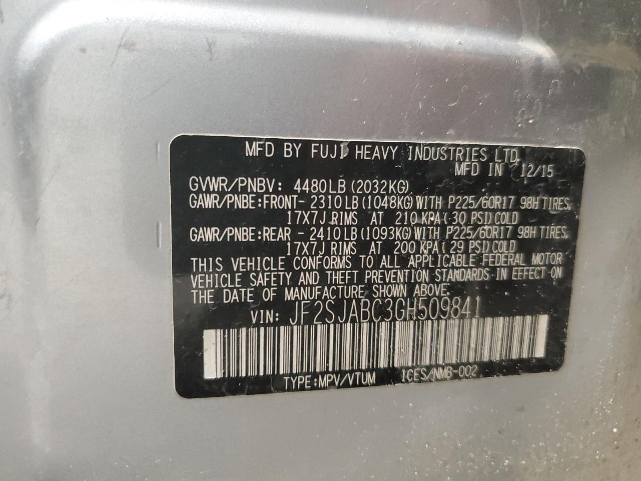 2016 Subaru Forester VIN JF2SJABC3GH509841 Copart auction photo, front end damage thumbnail 15