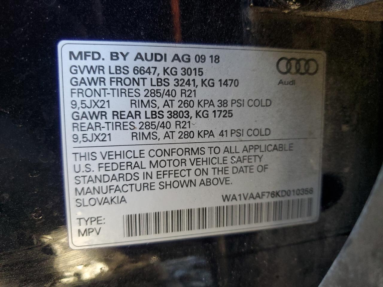 2019 Audi Q7 VIN WA1VAAF76KD010356 Copart auction photo, front end / rear end damage thumbnail 13