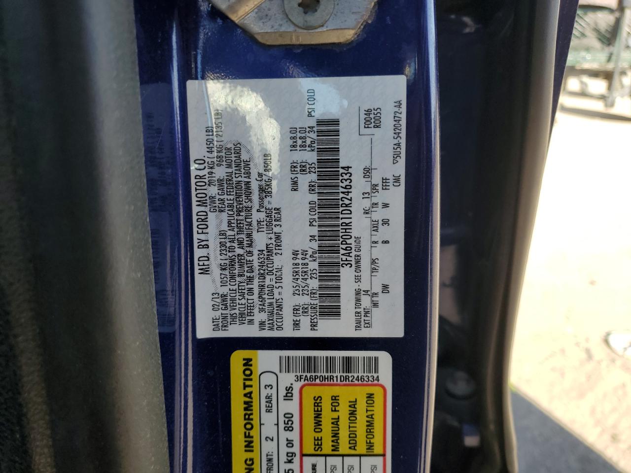 2013 Ford Fusion VIN 3FA6P0HR1DR246334 Copart auction photo, front end damage thumbnail 14