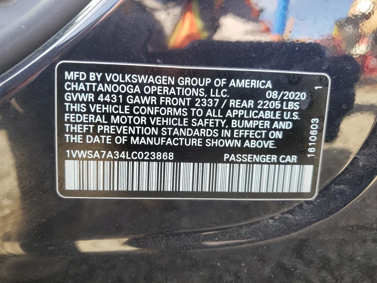 2020 Volkswagen Passat VIN 1VWSA7A34LC023868 Copart auction photo, rear end damage thumbnail 13