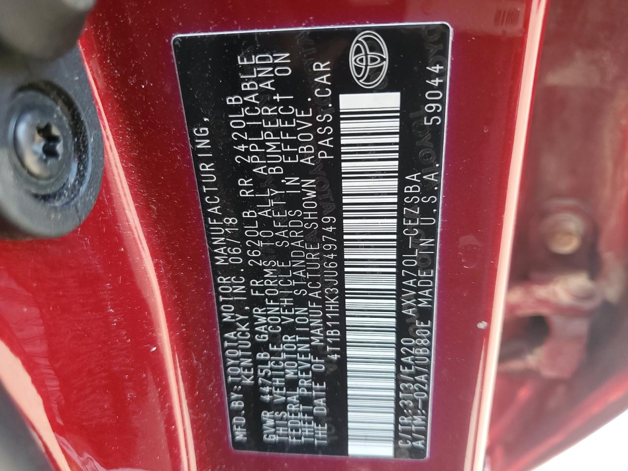 2018 Toyota Camry VIN 4T1B11HK3JU649749 Copart auction photo, undercarriage / rear end damage thumbnail 12