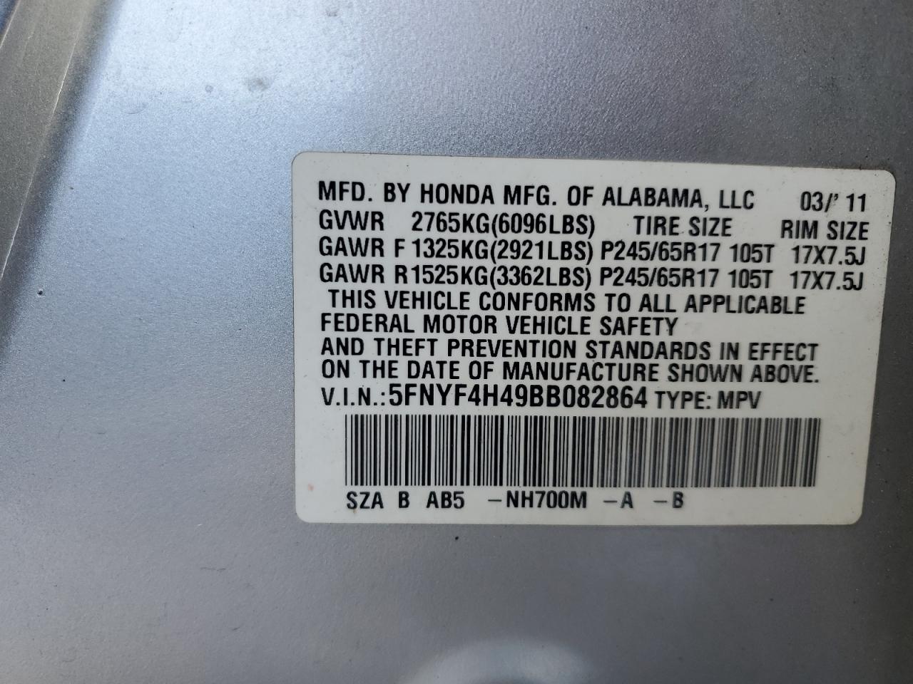 2011 Honda Pilot VIN 5FNYF4H49BB082864 Copart auction photo, front end / hail damage thumbnail 14