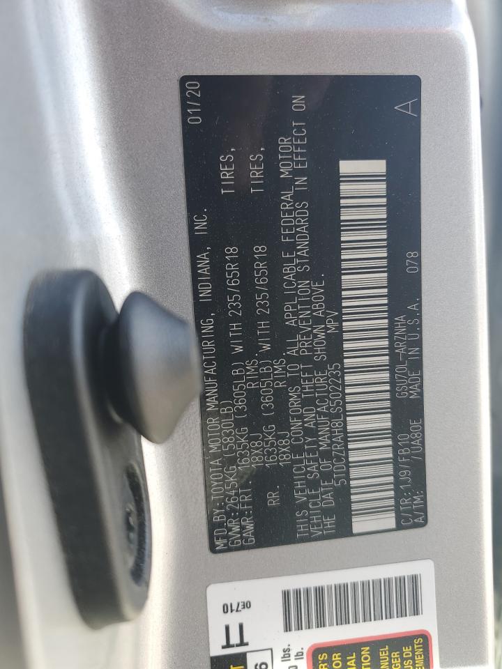 2020 Toyota Highlander VIN 5TDCZRAH8LS502235 Copart auction photo, rear end damage thumbnail 12