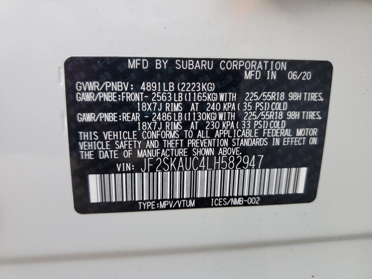 2020 Subaru Forester VIN JF2SKAUC4LH582947 Copart auction photo, all over damage thumbnail 13