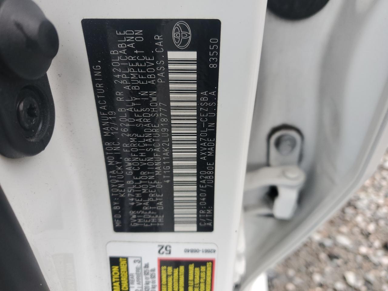 2020 Toyota Camry VIN 4T1G11AK2LU918777 Copart auction photo, front end damage thumbnail 13