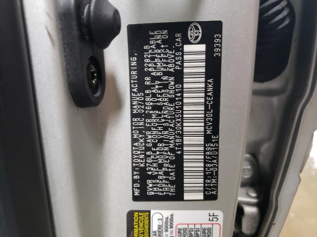 2005 Toyota Camry VIN 4T1BF30KX5U101410 Copart auction photo, front end / side damage thumbnail 12