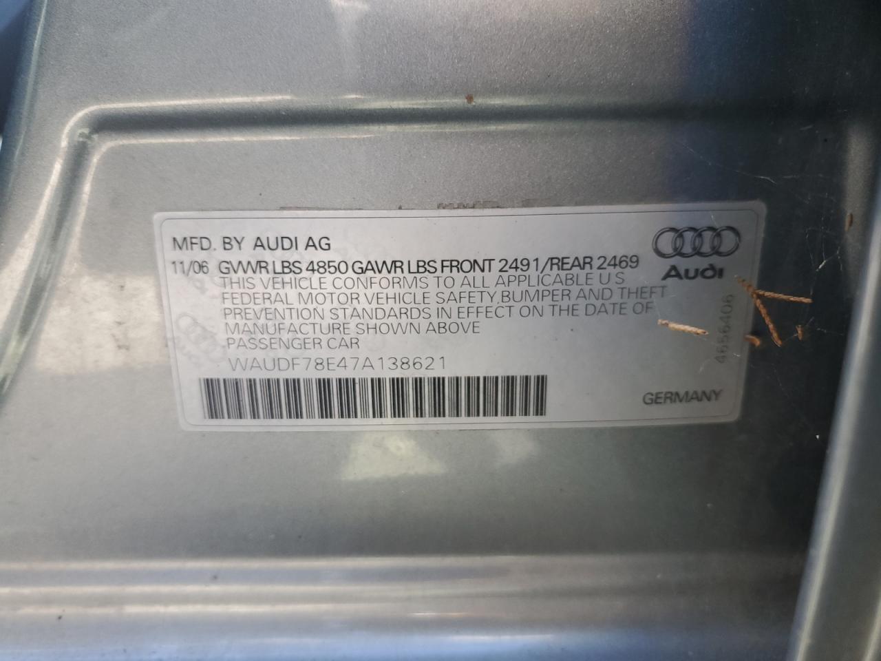 2007 Audi A4 VIN WAUDF78E47A138621 Copart auction photo, front end / rear end damage thumbnail 12