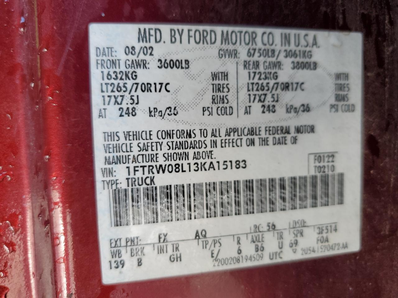 2003 Ford F-150 VIN 1FTRW08L13KA15183 Copart auction photo, front end damage thumbnail 12