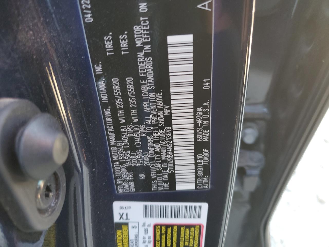 2022 Toyota Highlander VIN 5TDDZRBH4NS213648 Copart auction photo, front end damage thumbnail 13