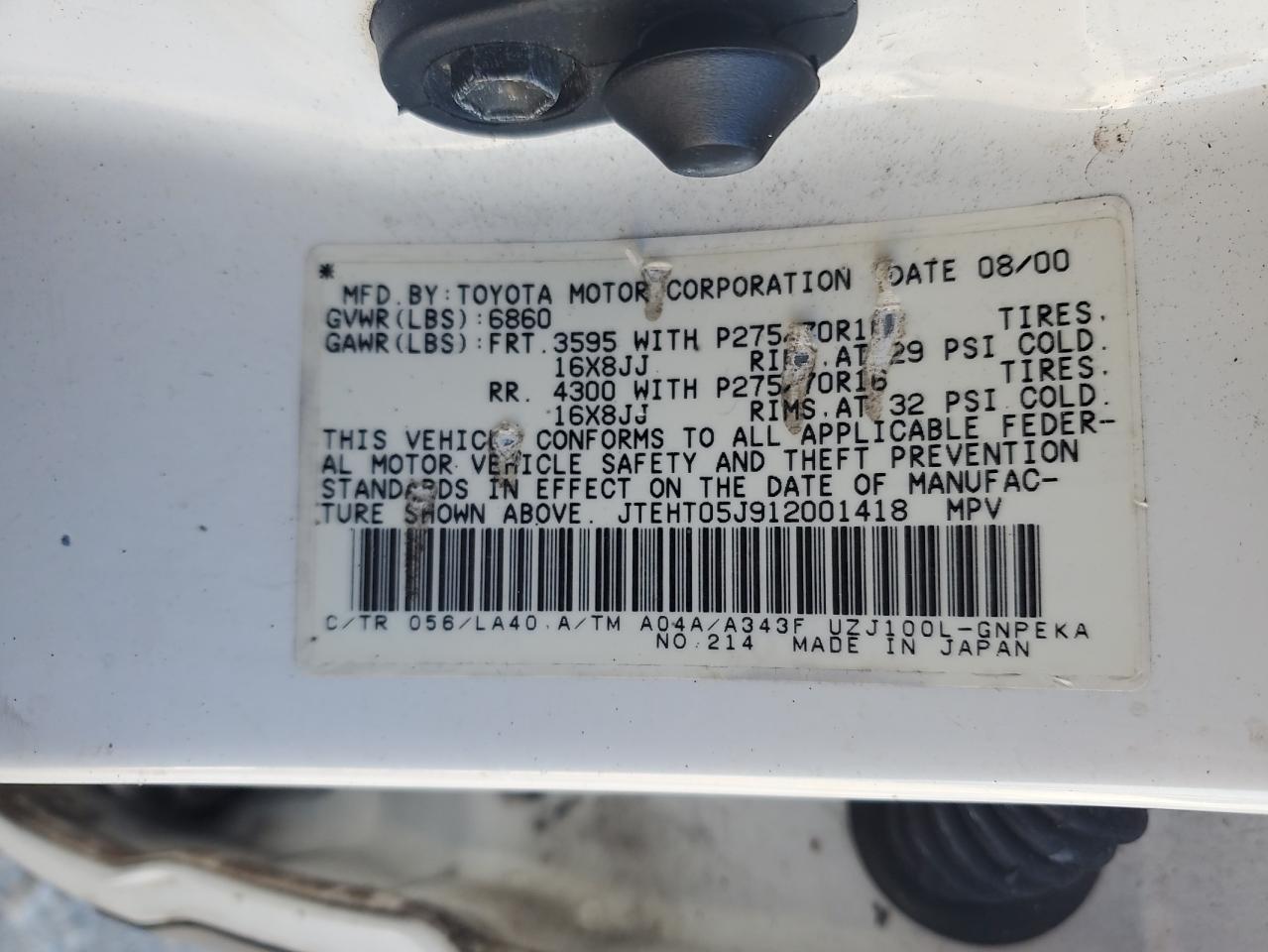 2001 Toyota Land Cruiser VIN JTEHT05J912001418 Copart auction photo, water/flood damage thumbnail 14