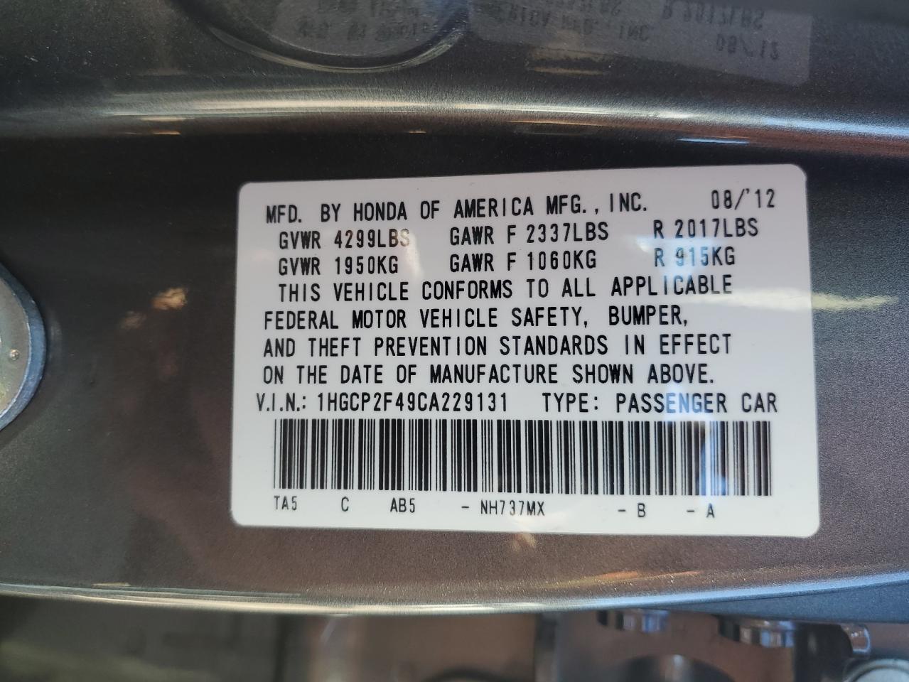 2012 Honda Accord VIN 1HGCP2F49CA229131 Copart auction photo, front end damage thumbnail 13