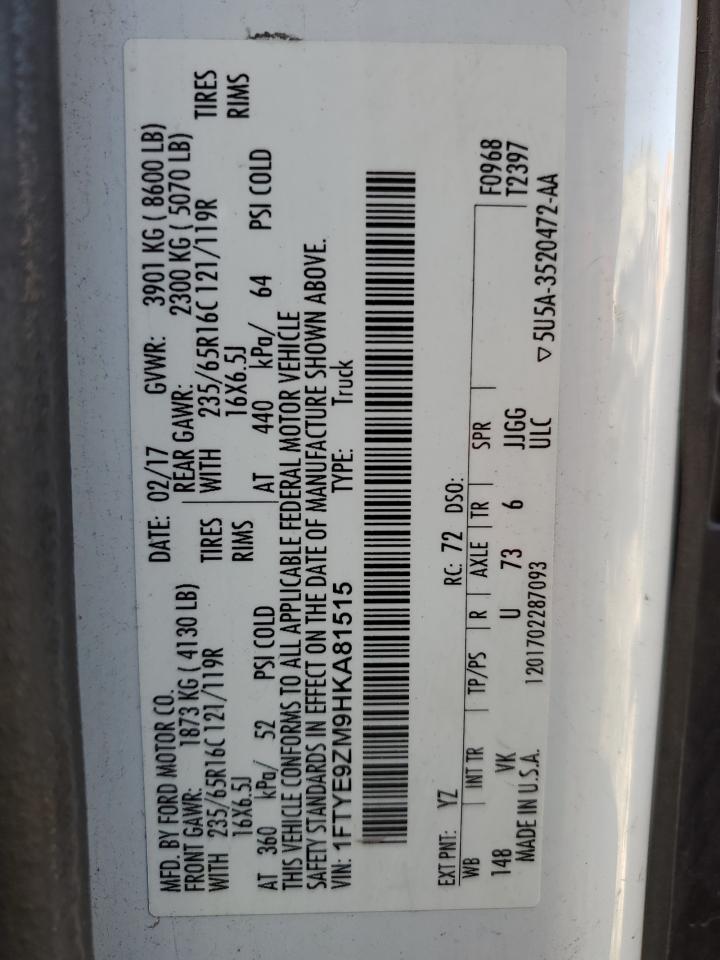 2017 Ford Transit VIN 1FTYE9ZM9HKA81515 Copart auction photo, front end / minor dent/scratches damage thumbnail 14