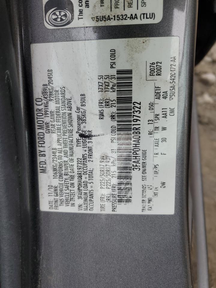 2011 Ford Fusion VIN 3FAHP0HA0BR197322 Copart auction photo, front end / minor dent/scratches damage thumbnail 12