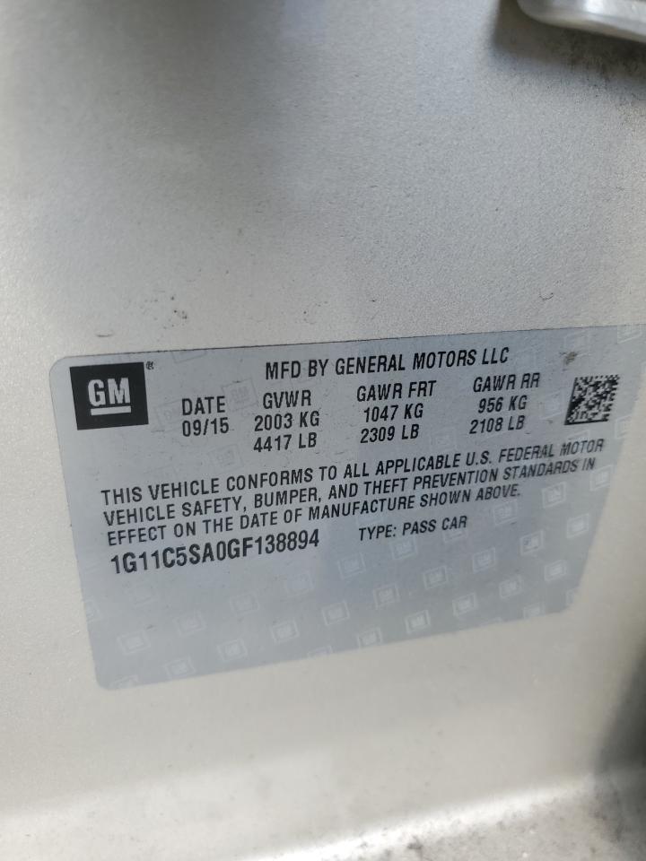 2016 Chevrolet Malibu VIN 1G11C5SA0GF138894 Copart auction photo, rear end / front end damage thumbnail 12