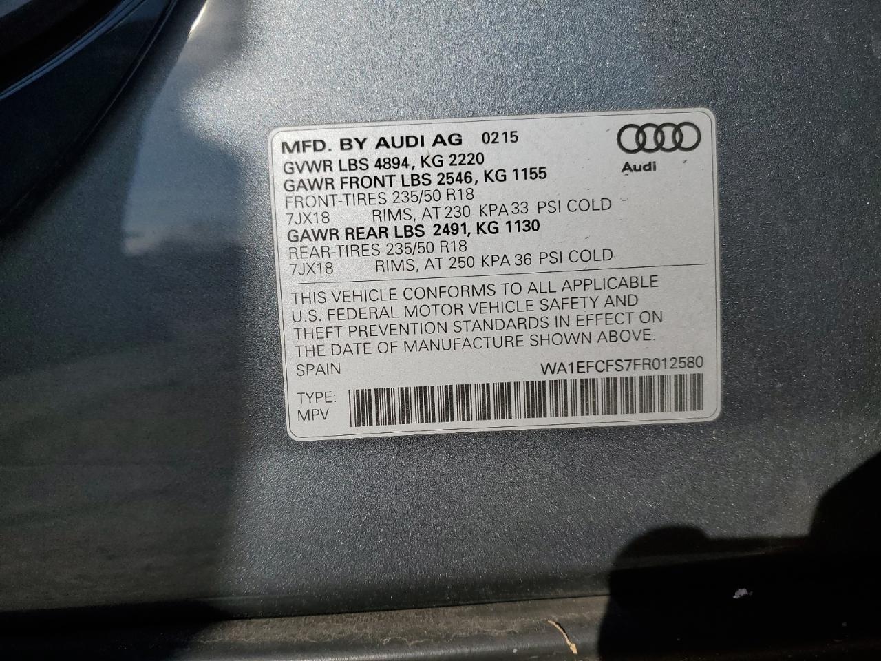 2015 Audi Q3 VIN WA1EFCFS7FR012580 Copart auction photo, all over damage thumbnail 13