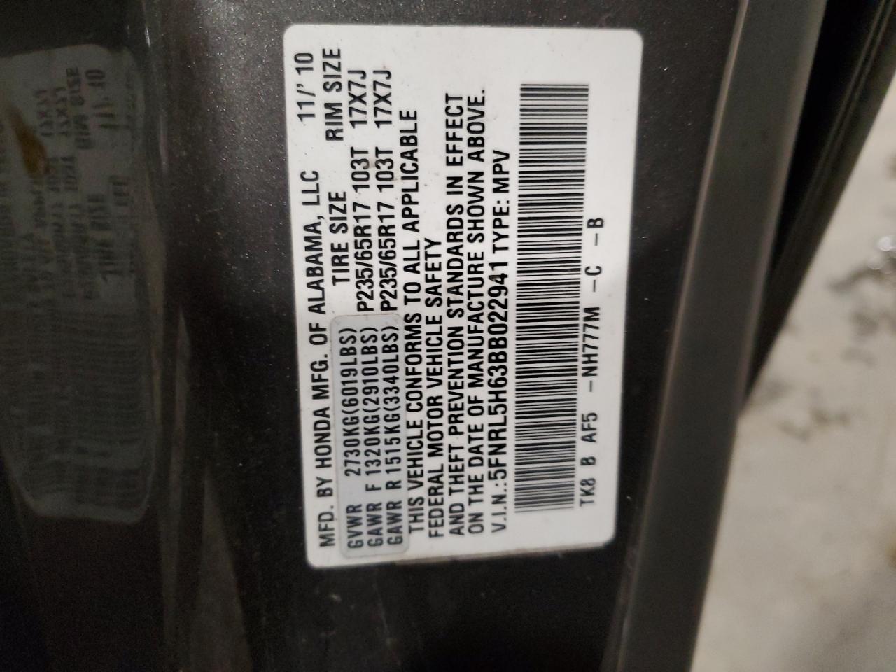 2011 Honda Odyssey VIN 5FNRL5H63BB022941 Copart auction photo, side / minor dent/scratches damage thumbnail 13