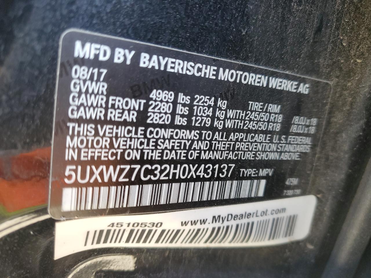 2017 BMW X3 VIN 5UXWZ7C32H0X43137 Copart auction photo, front end / rear end damage thumbnail 13