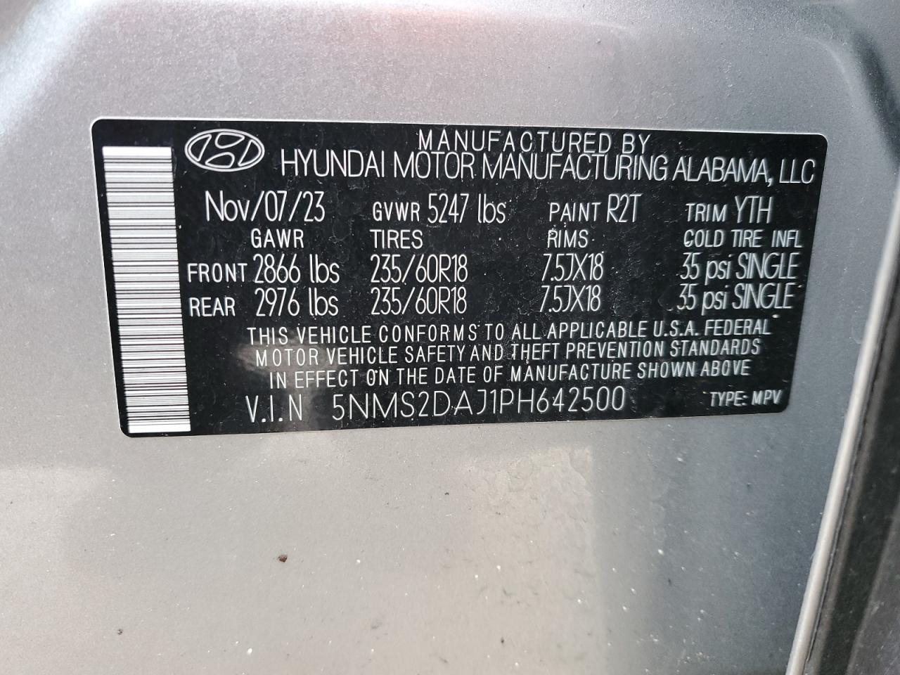 2023 Hyundai Santa Fe VIN 5NMS2DAJ1PH642500 Copart auction photo, front end / minor dent/scratches damage thumbnail 14
