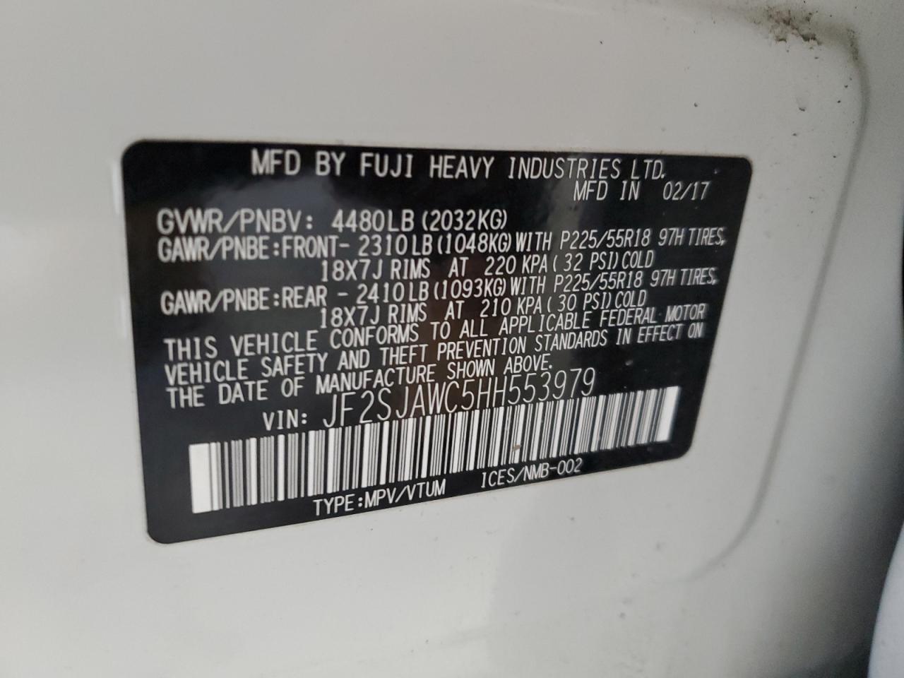 2017 Subaru Forester VIN JF2SJAWC5HH553979 Copart auction photo, front end damage thumbnail 15