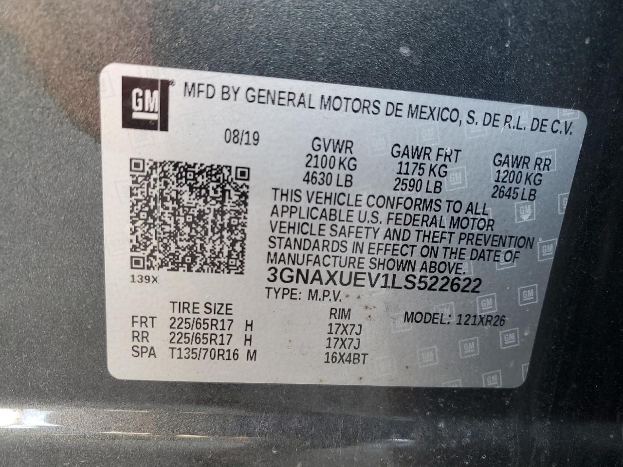 2020 Chevrolet Equinox VIN 3GNAXUEV1LS522622 Copart auction photo, front end / side damage thumbnail 15