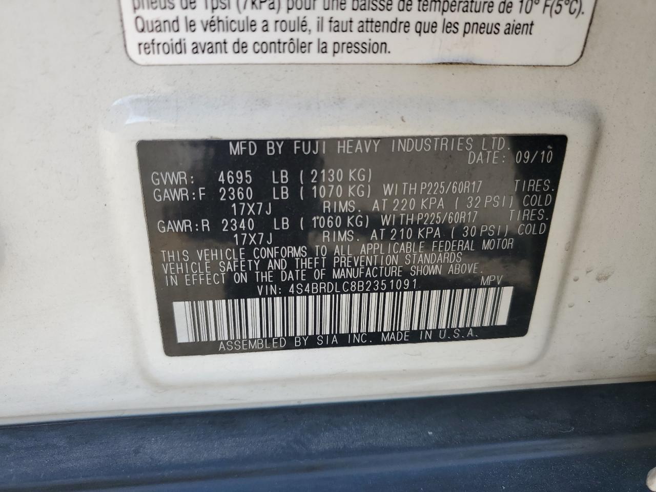 2011 Subaru Outback VIN 4S4BRDLC8B2351091 Copart auction photo, rear end damage thumbnail 13