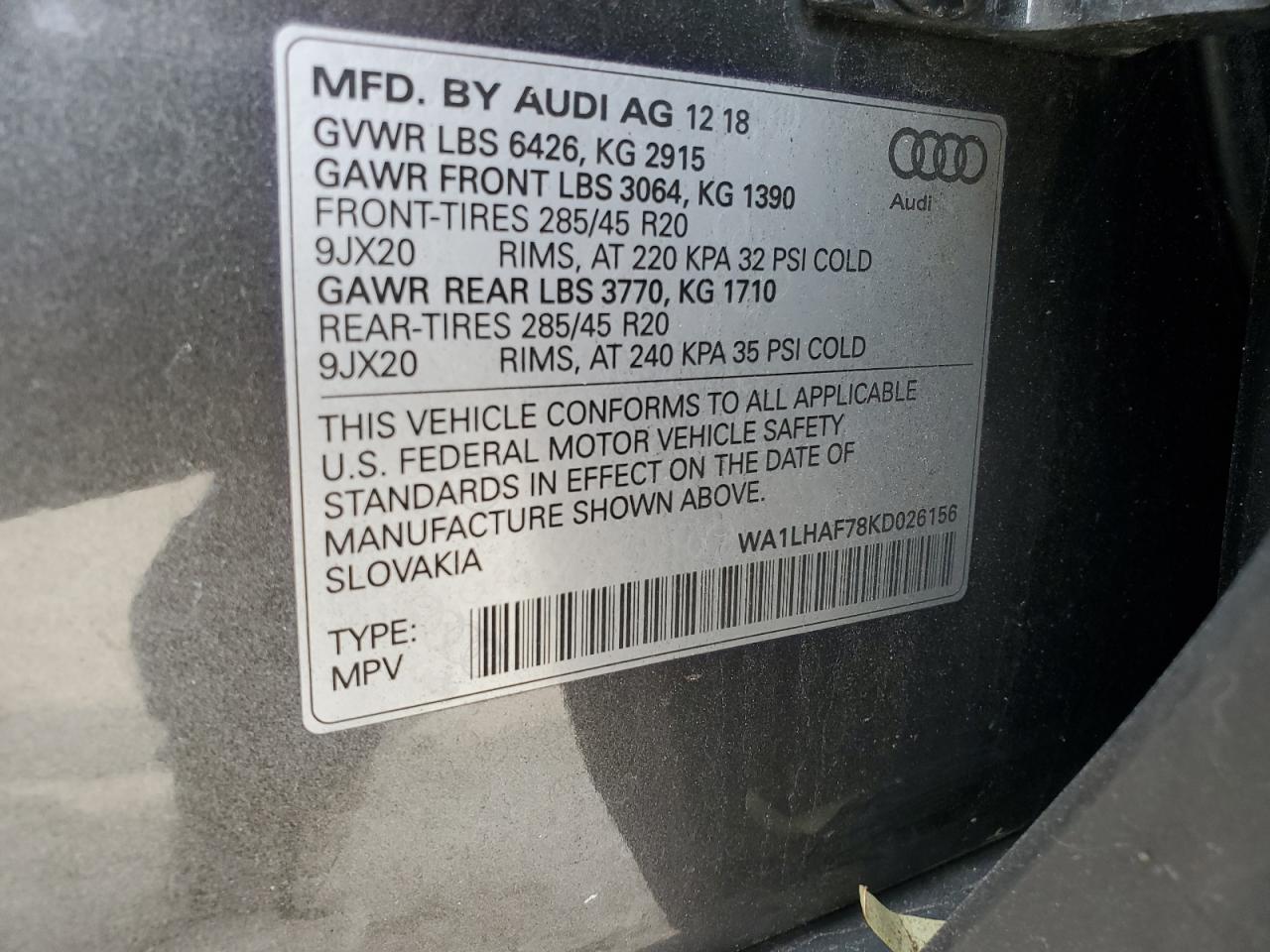 2019 Audi Q7 VIN WA1LHAF78KD026156 Copart auction photo, front end / minor dent/scratches damage thumbnail 13