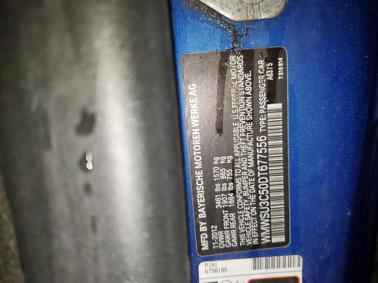 2013 MINI Cooper VIN WMWSU3C50DT677556 Copart auction photo, undercarriage damage thumbnail 12