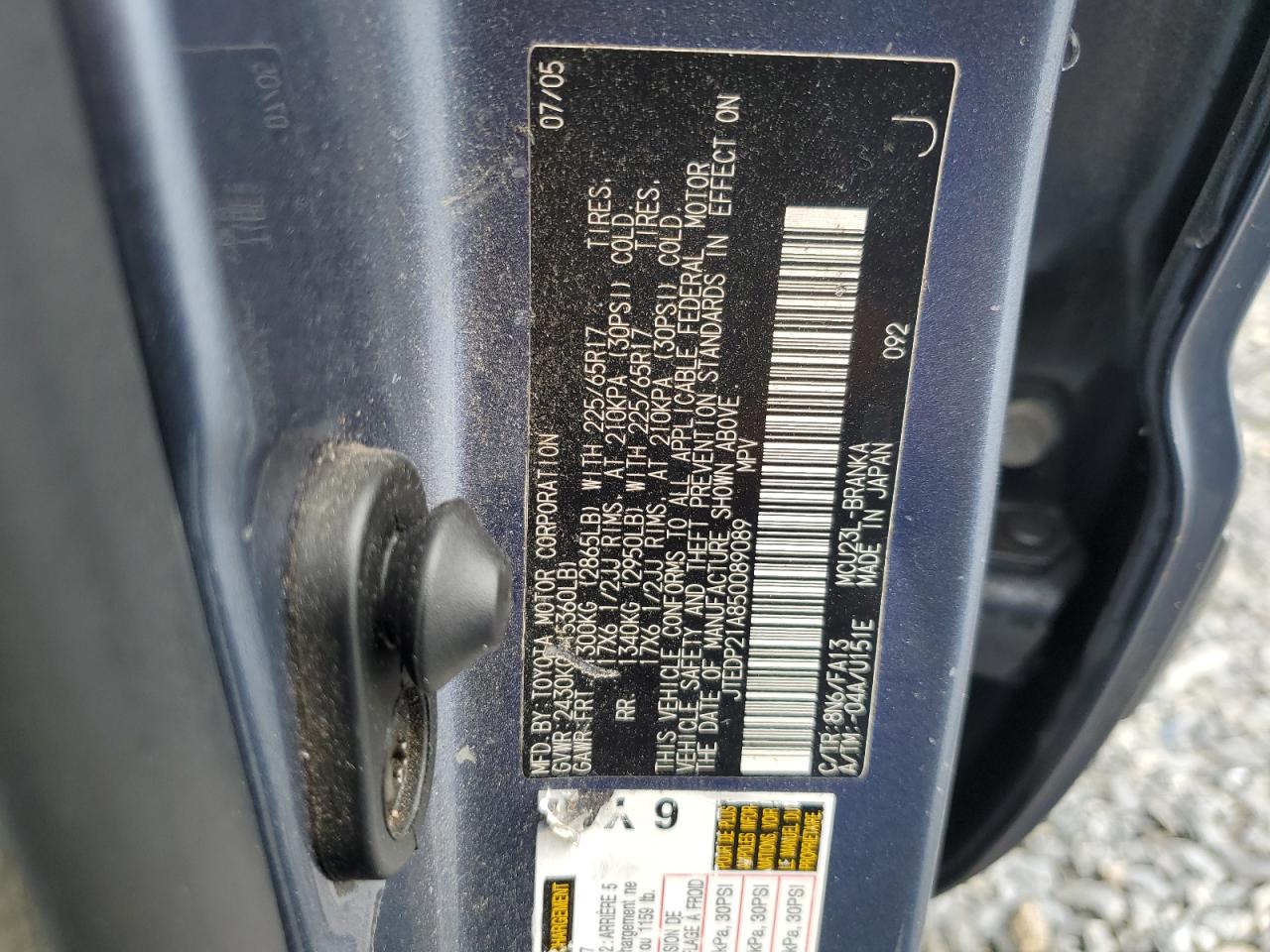 2005 Toyota Highlander VIN JTEDP21A850089089 Copart auction photo, side damage thumbnail 14
