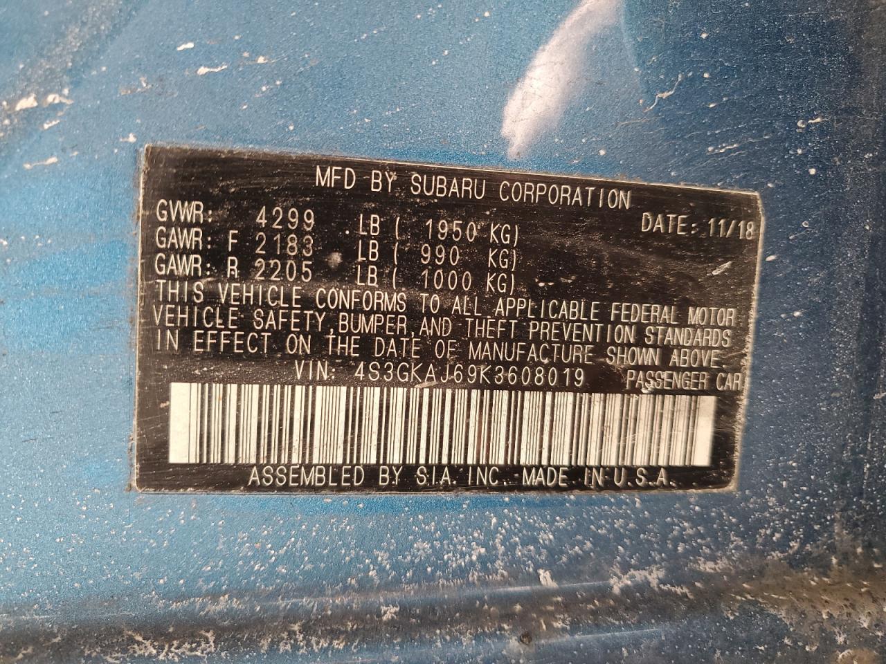 2019 Subaru Impreza VIN 4S3GKAJ69K3608019 Copart auction photo, front end / side damage thumbnail 12