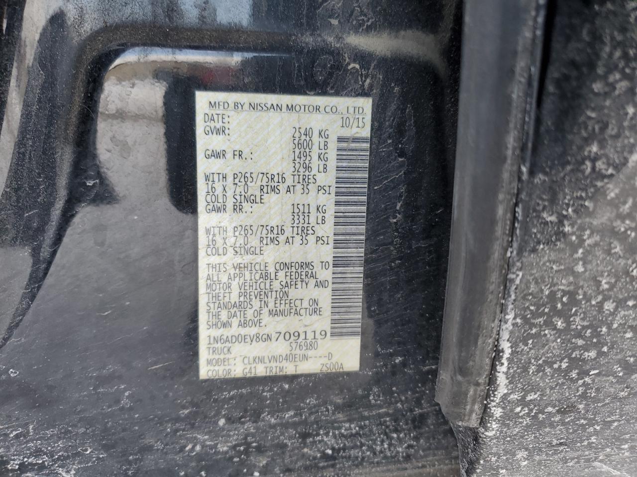 2016 Nissan Navara (Frontier) VIN 1N6AD0EV8GN709119 Copart auction photo, front end / rear end damage thumbnail 14
