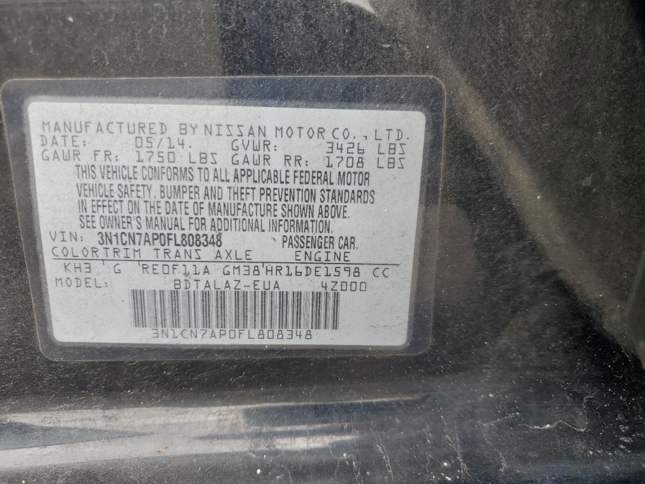 2015 Nissan Versa VIN 3N1CN7AP0FL808348 Copart auction photo, front end / minor dent/scratches damage thumbnail 13