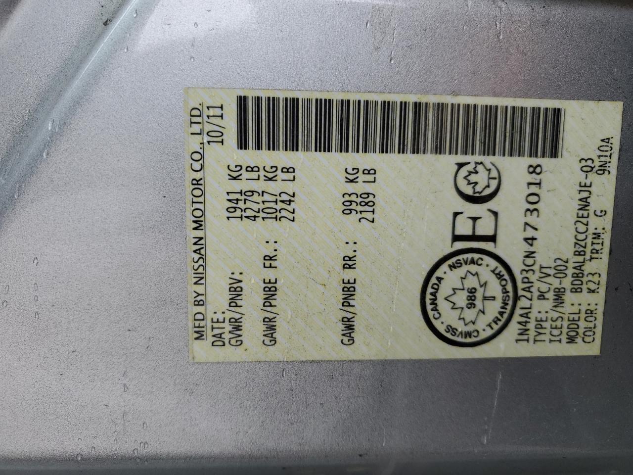 2012 Nissan Altima VIN 1N4AL2AP3CN473018 Copart auction photo, front end / rear end damage thumbnail 13