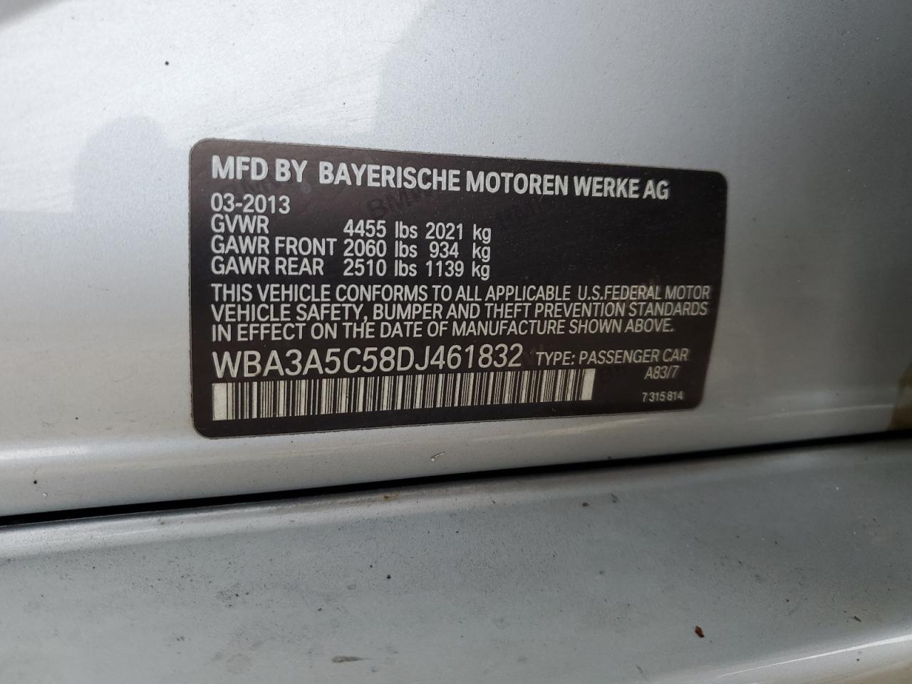 2013 BMW 3er VIN WBA3A5C58DJ461832 Copart auction photo, side damage thumbnail 14