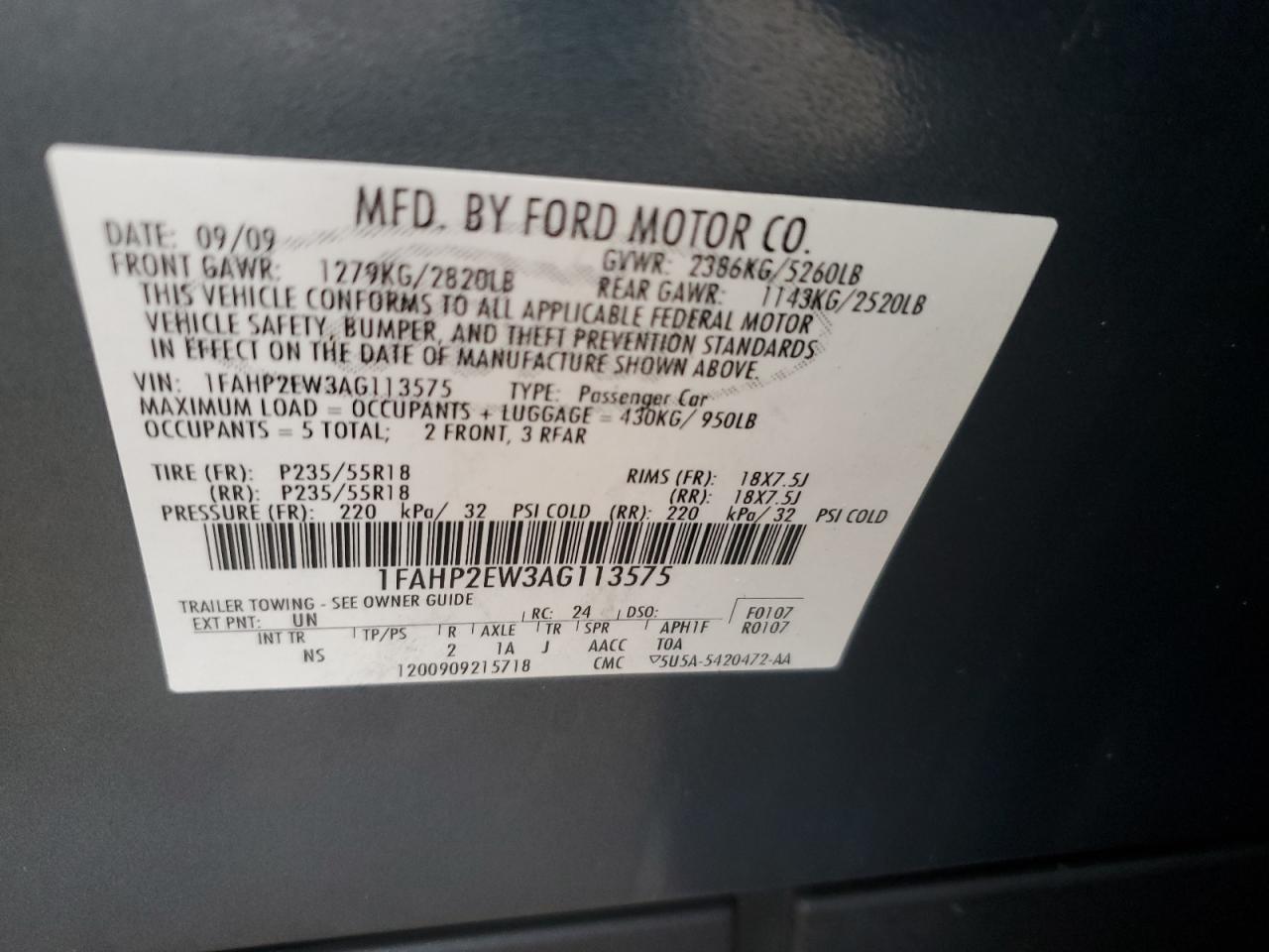 2010 Ford Taurus VIN 1FAHP2EW3AG113575 Copart auction photo, side / front end damage thumbnail 14