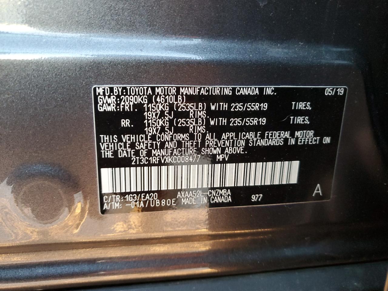 2019 Toyota RAV 4 VIN 2T3C1RFVXKC008477 Copart auction photo, front end damage thumbnail 13