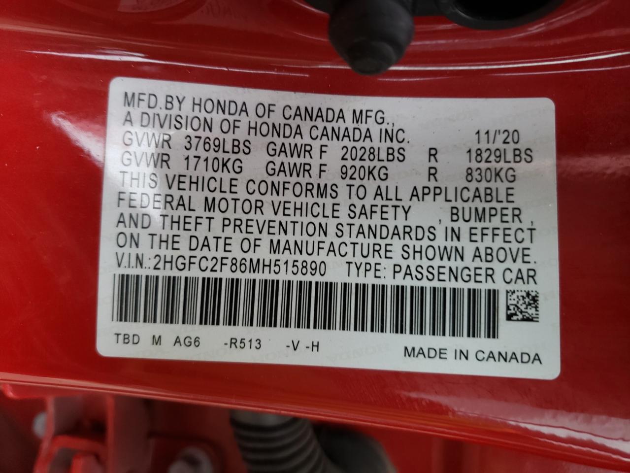 2021 Honda Civic VIN 2HGFC2F86MH515890 Copart auction photo, rear end damage thumbnail 12