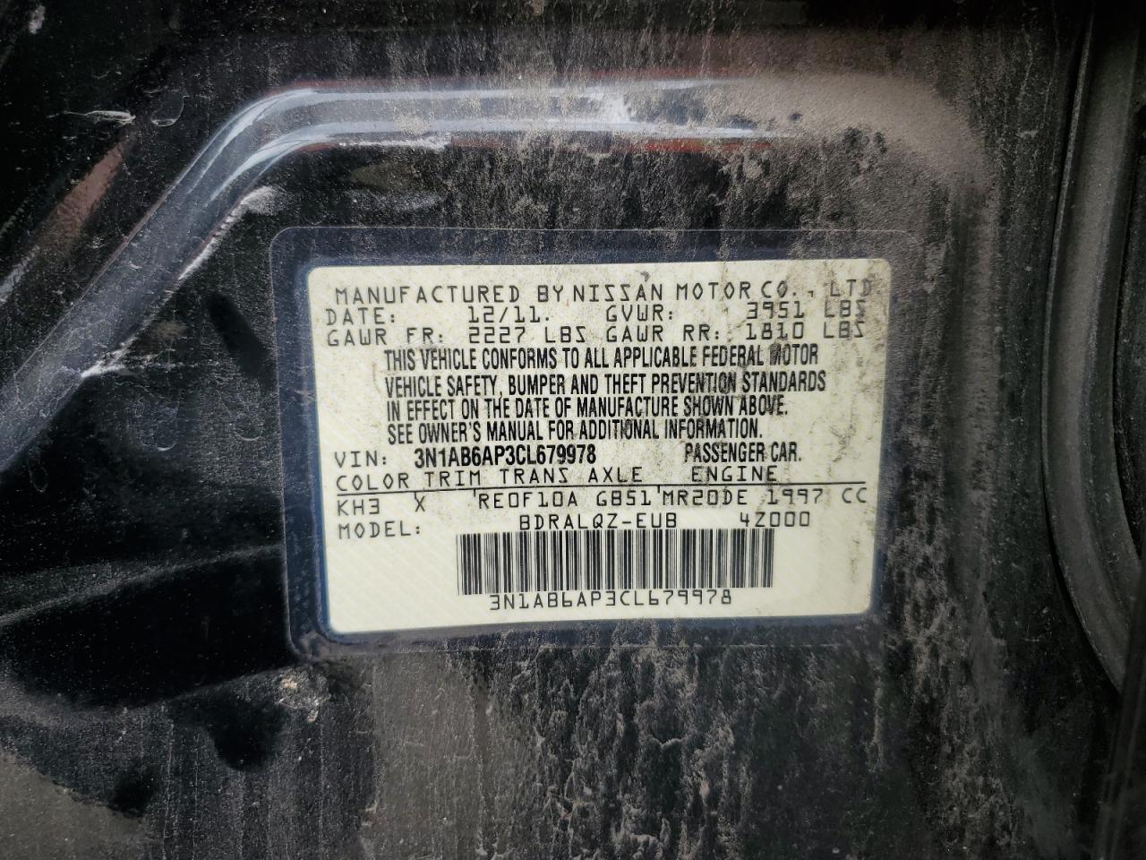 2012 Nissan Sentra VIN 3N1AB6AP3CL679978 Copart auction photo, front end / side damage thumbnail 13