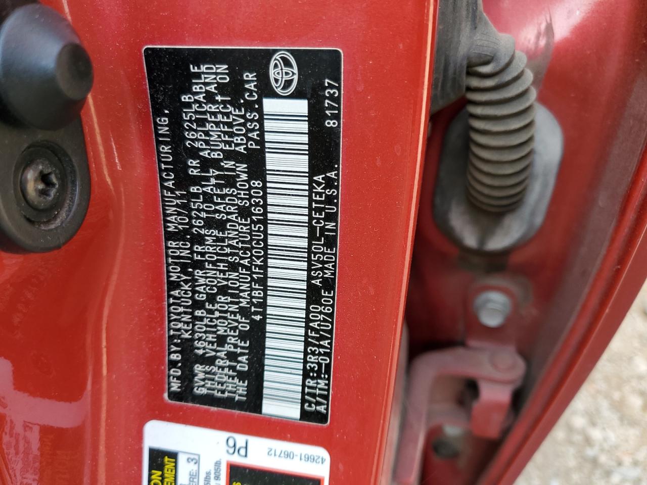 2012 Toyota Camry VIN 4T1BF1FK0CU516308 Copart auction photo, rear end damage thumbnail 12