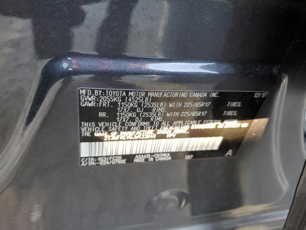 2018 Toyota RAV 4 VIN 2T3WFREV6JW433840 Copart auction photo, rear end / front end damage thumbnail 14