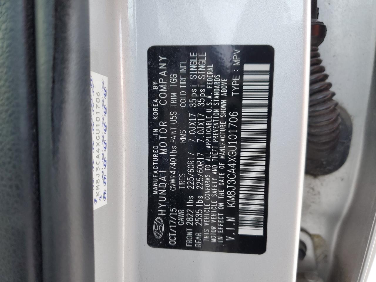 2016 Hyundai Tucson VIN KM8J3CA4XGU101706 Copart auction photo, all over / vandalism damage thumbnail 12